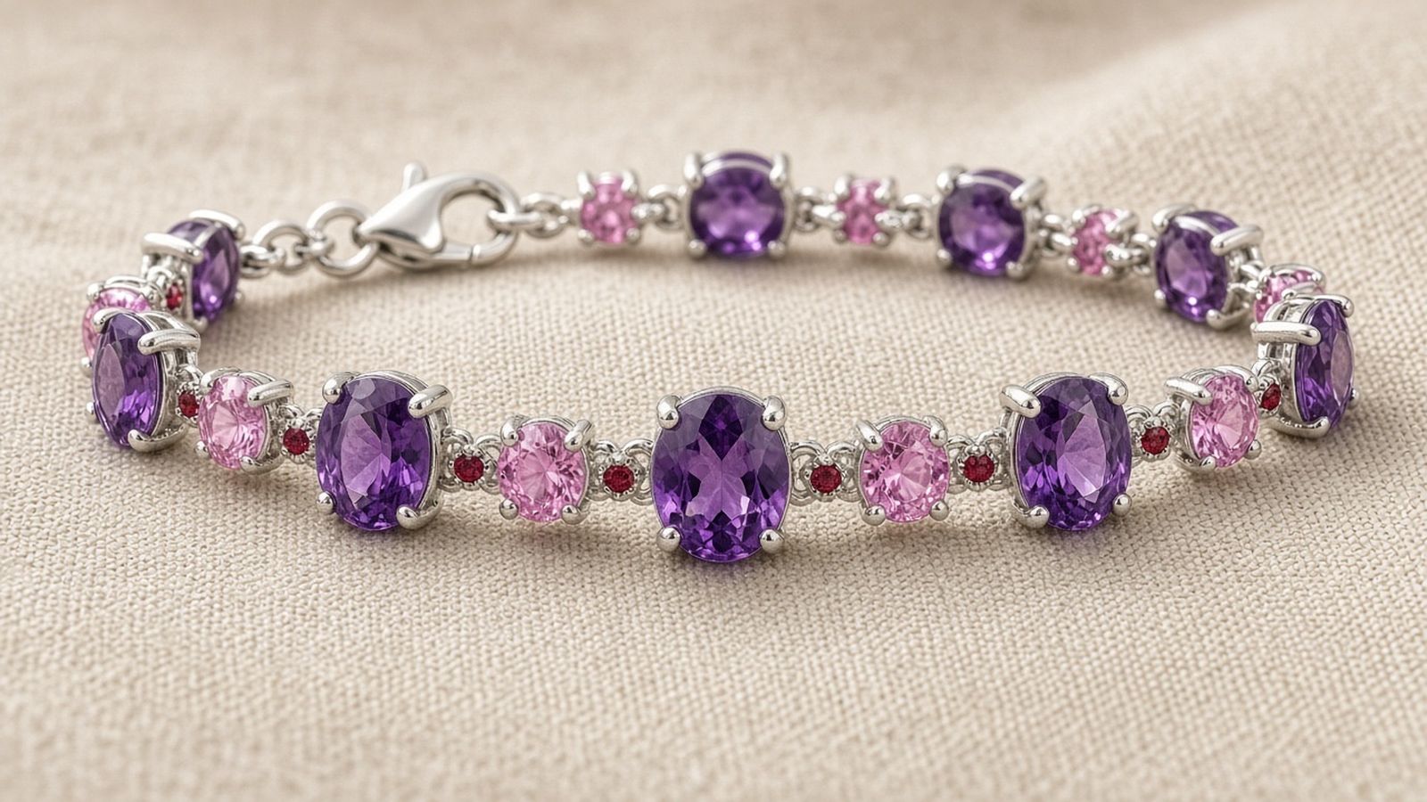 Sterling silver bracelet set with ruby, amethyst and pink sapphire