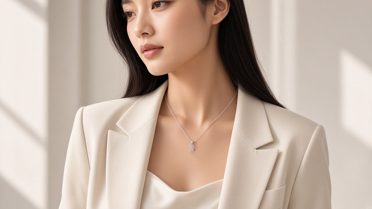 Woman wearing a Ruby Folk sterling silver initial R pendant