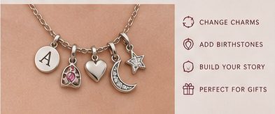 Sterling silver charm necklace with initial, heart, moon and star charms