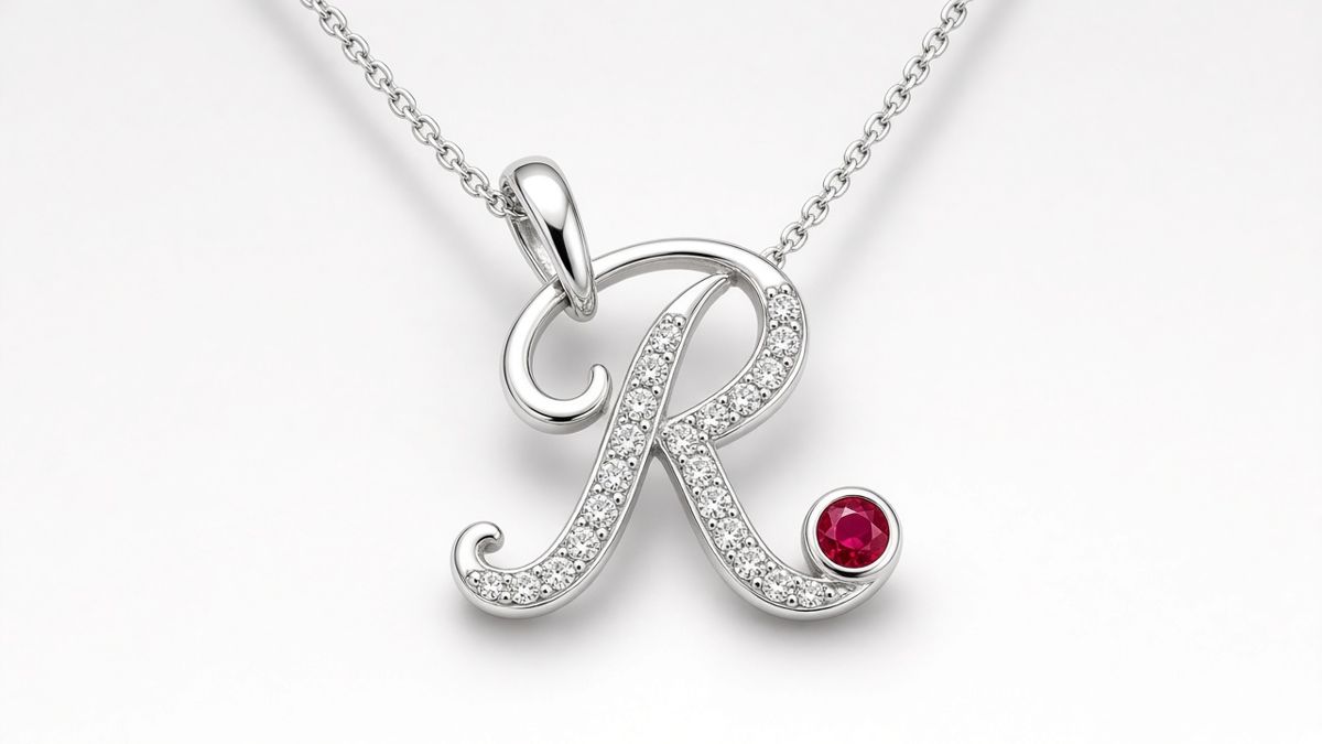 Sterling silver script R initial pendant set with a red stone