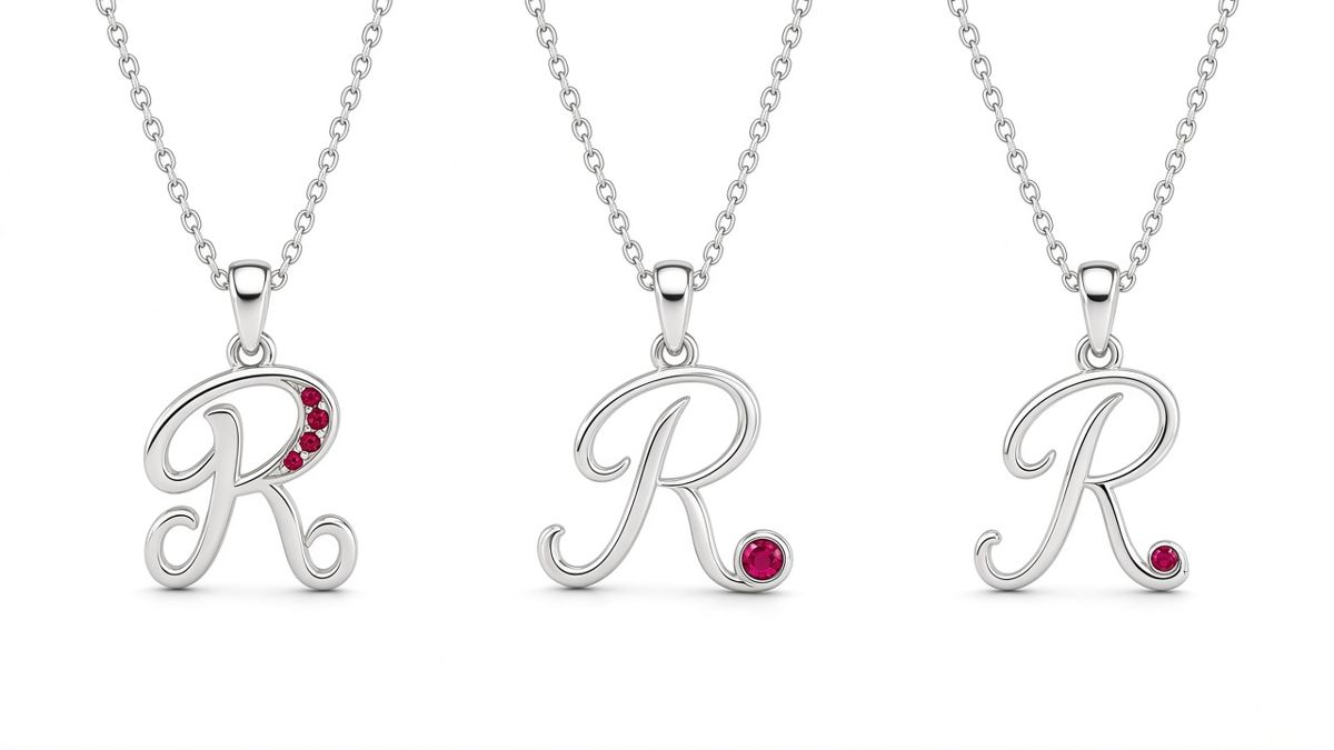 Three sterling silver R initial pendant variations